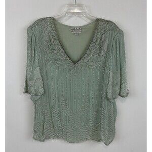 VTG Judith Ann Blouse Top Women's 2X Mint Green 100% Silk Sequin Beaded 70's 80s